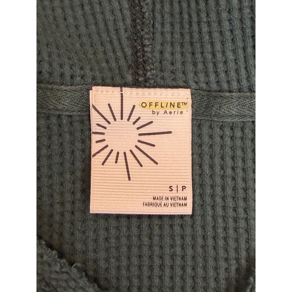 Offline By Aerie Hoodie Womens Small‎ Green Waffle Knit Cropped Kangaroo Pocket - Picture 3 of 5